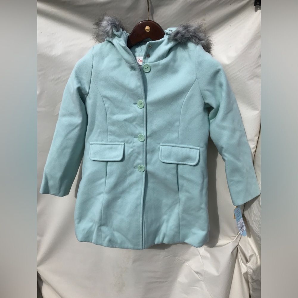 NWT Cat & Jack light turquoise dressy peacoat overcoat fur hood 8 Medium